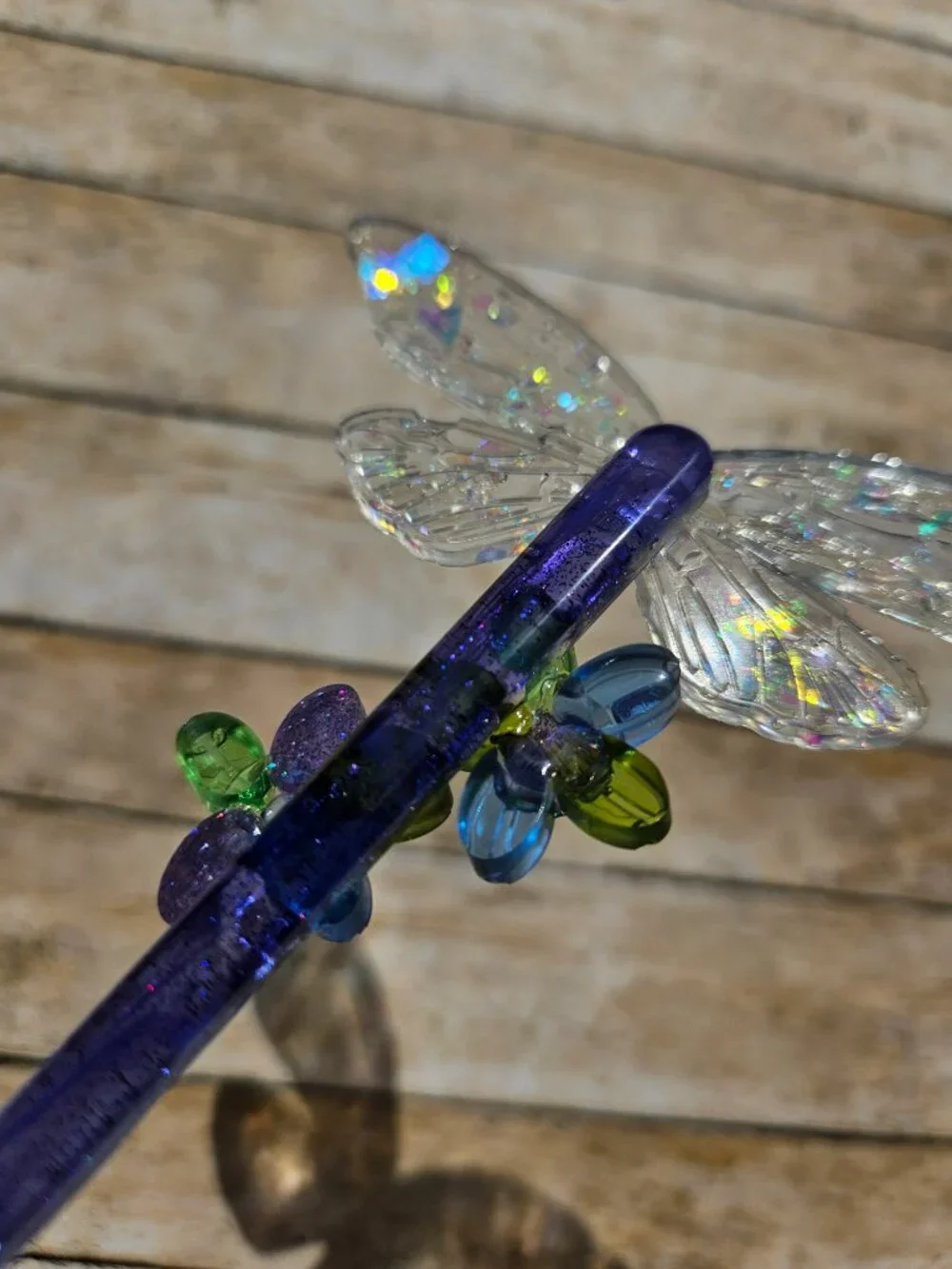 Handmade Resin Hair Stick Dragonfly Wings Flowers Violet Blue Glitter